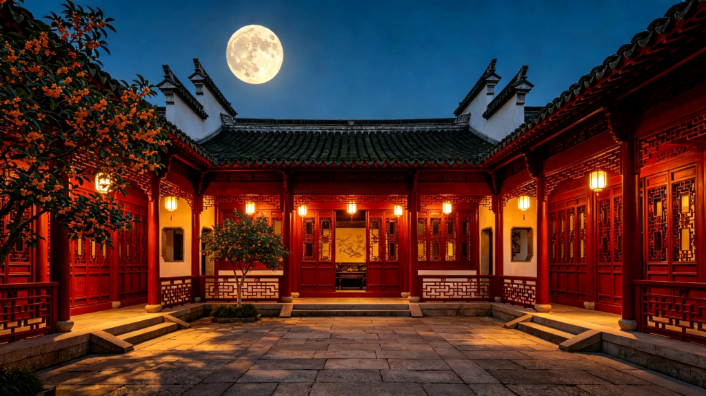 中秋满月中式建筑夜景摄影图