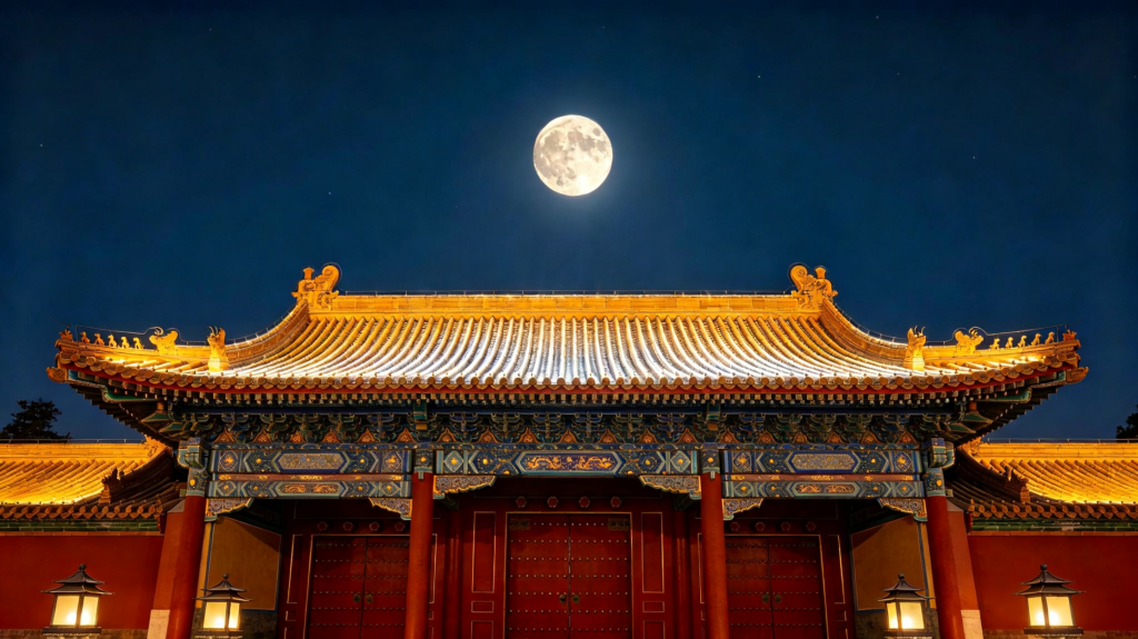 中秋满月中式建筑夜景摄影图