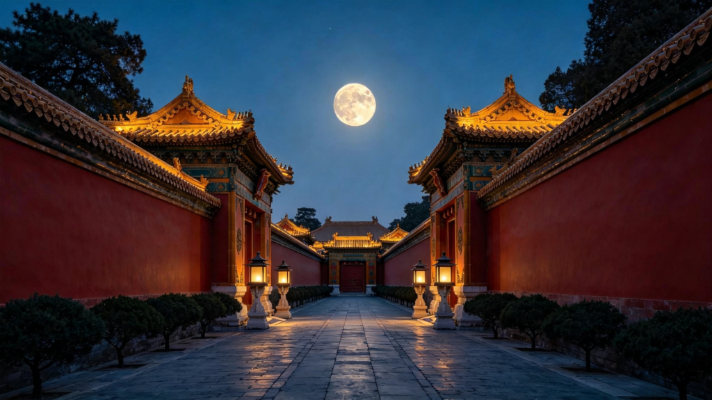中秋满月中式建筑宫墙夜景摄影图