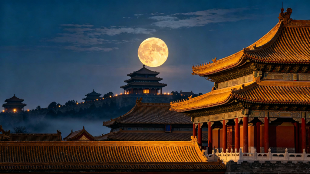 中秋满月中式建筑夜景摄影图