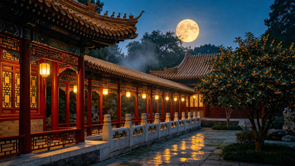 中秋满月中式建筑夜景摄影图