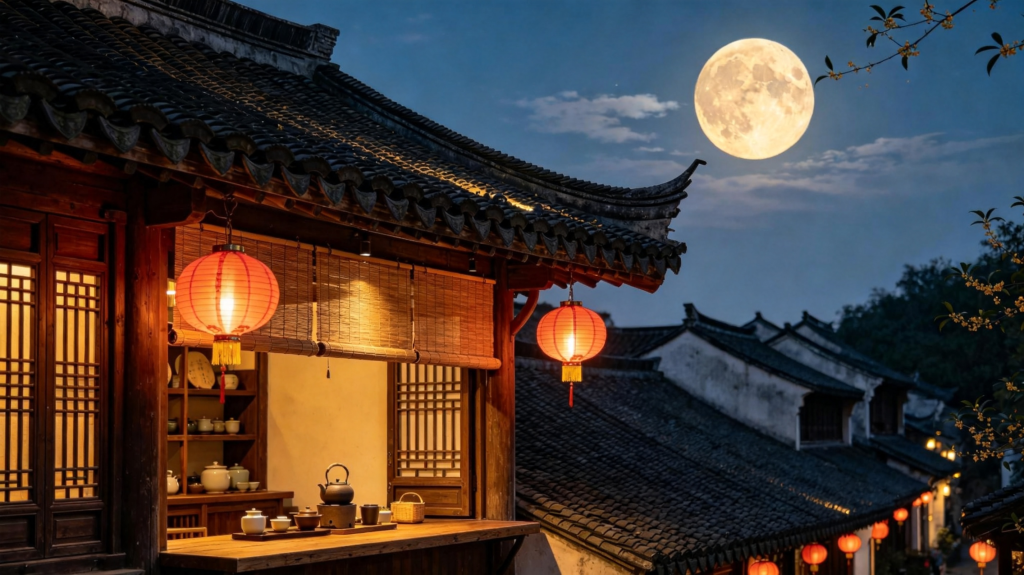 中秋满月中式建筑夜景摄影图
