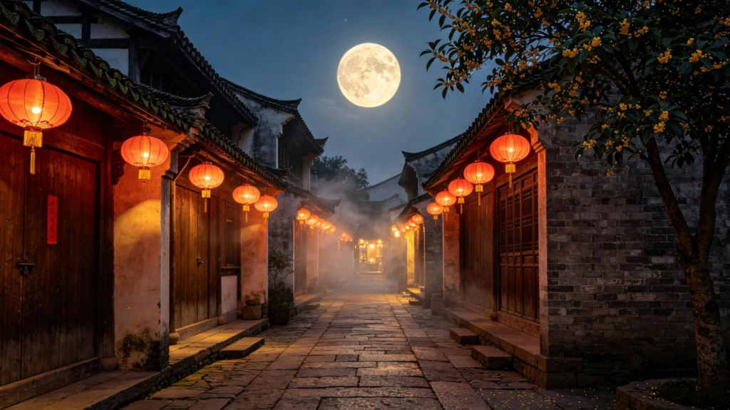 中秋满月中式庭院夜景摄影图