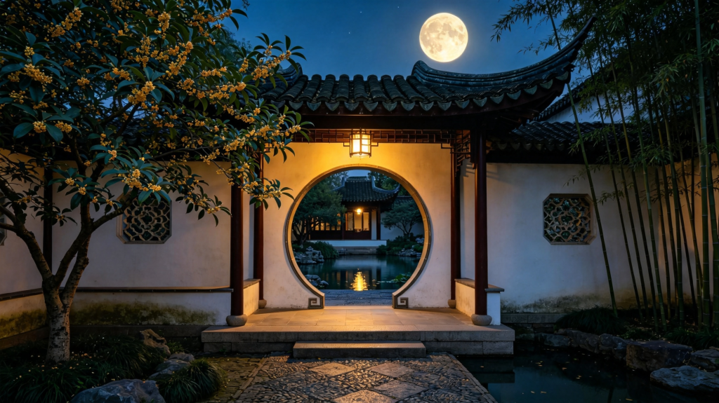 中秋满月中式庭院夜景摄影图