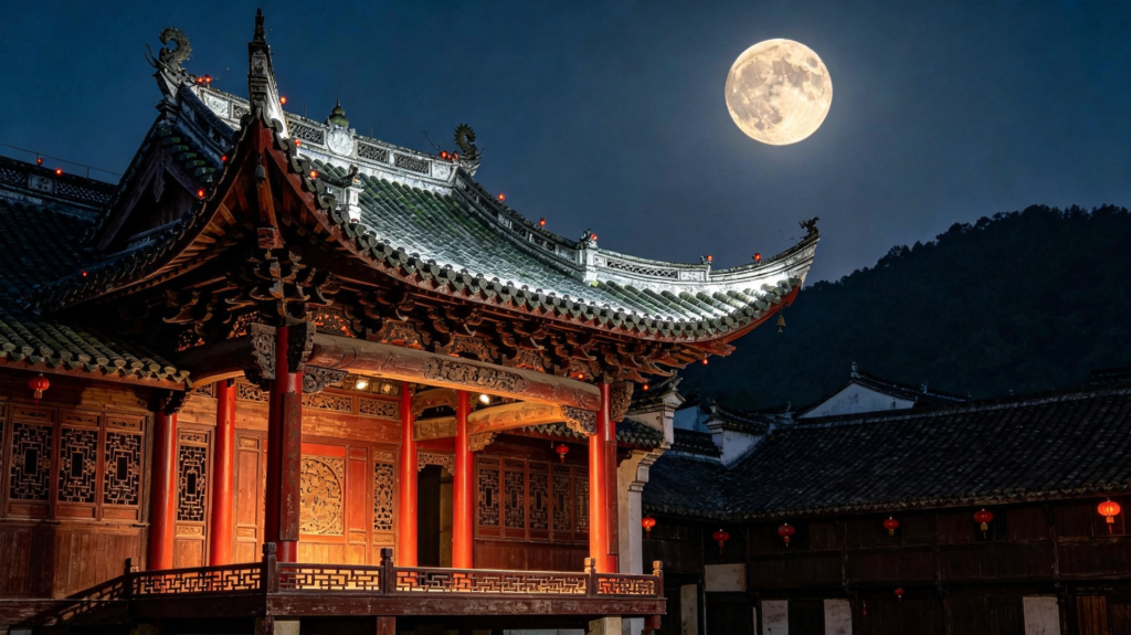 中秋满月中式建筑夜景摄影图