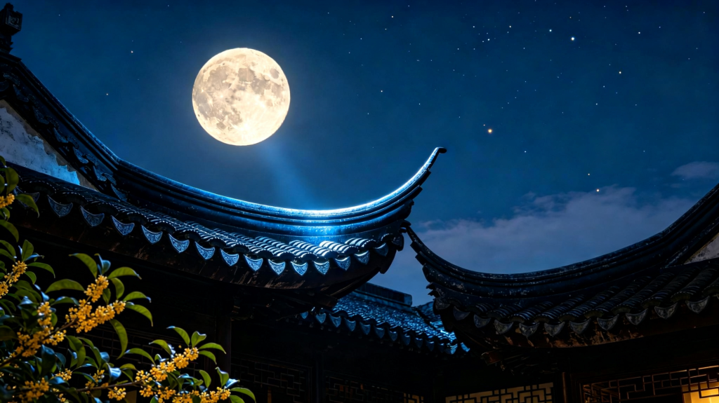中秋满月中式庭院夜景摄影图