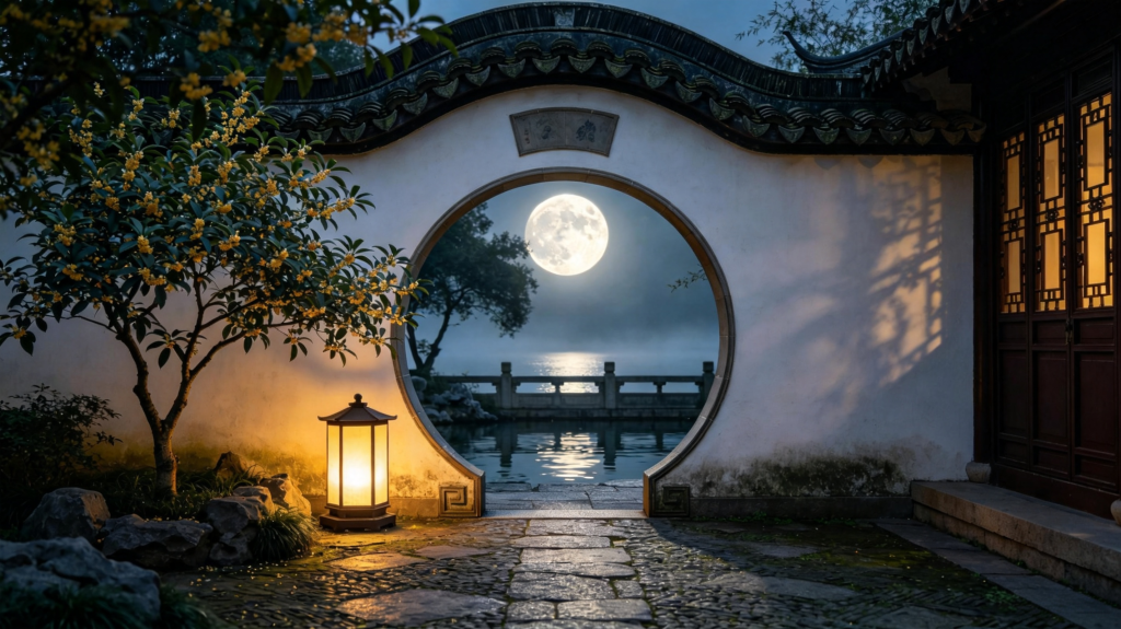 中秋满月中式庭院夜景摄影图