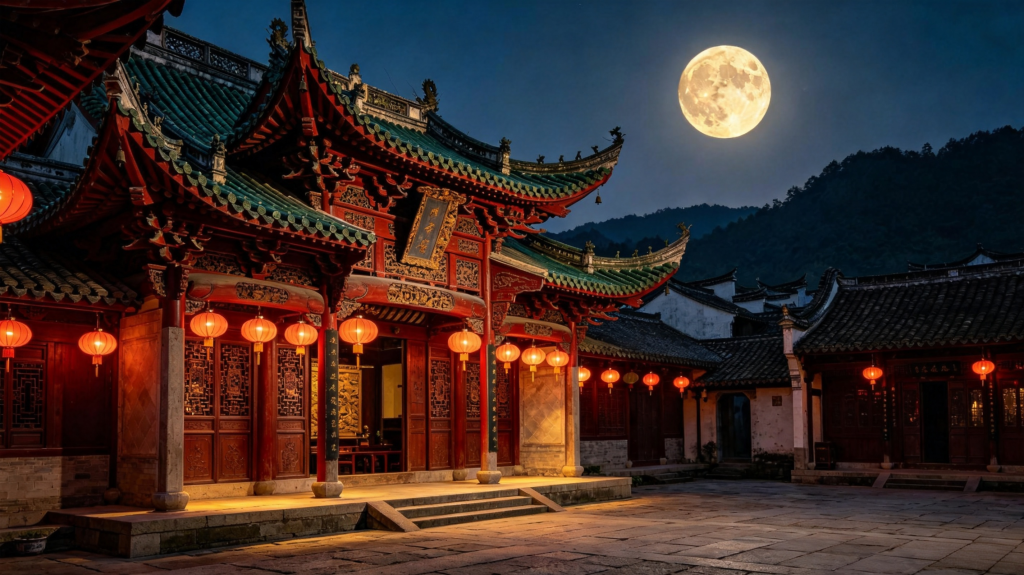 中秋满月中式建筑夜景摄影图