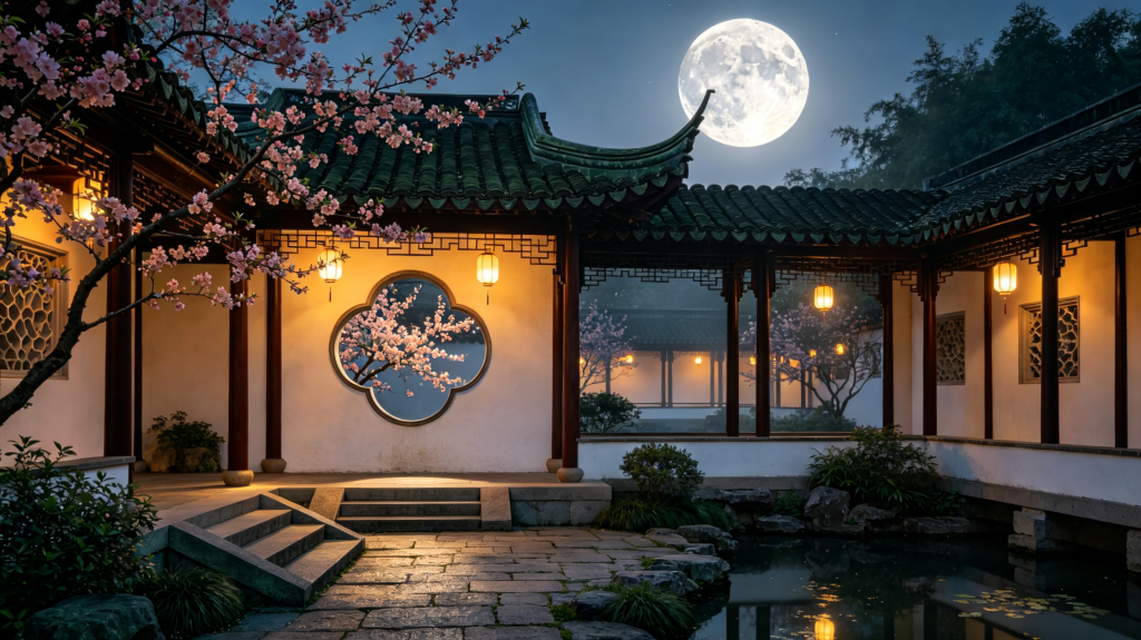 中秋满月中式庭院夜景摄影图