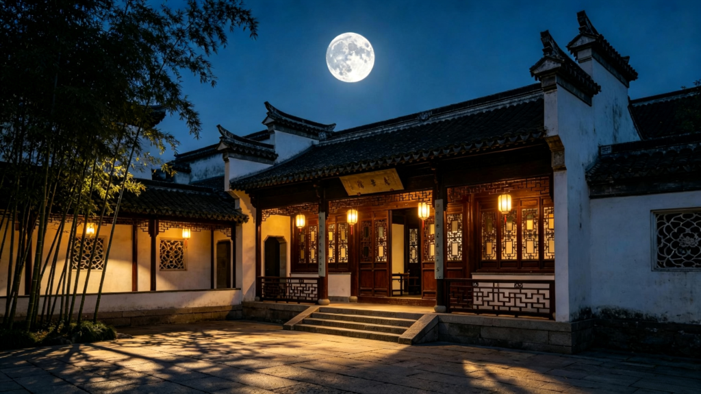 中秋满月古镇夜景摄影图