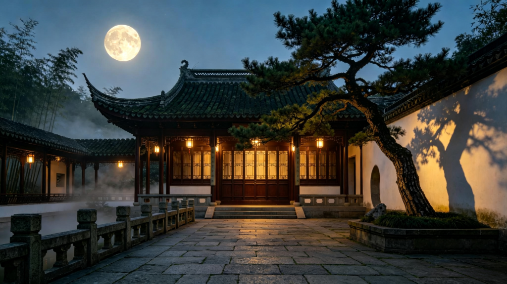 中秋满月古镇夜景摄影图