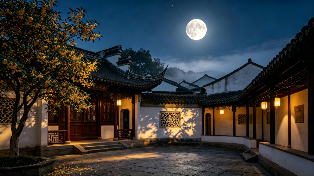 中秋满月古镇夜景摄影图
