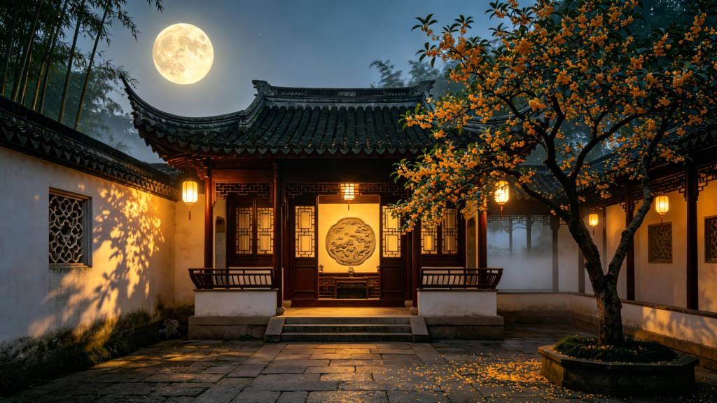 中秋满月古镇夜景摄影图