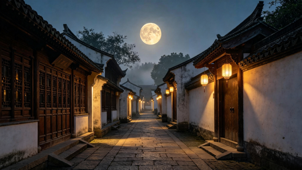 中秋满月古镇夜景摄影图