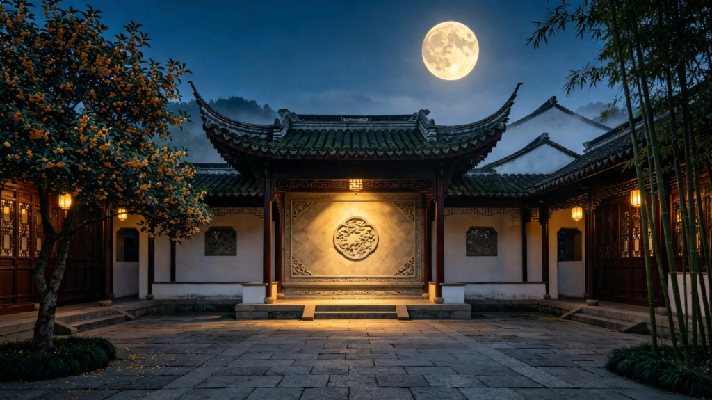 中秋满月古镇夜景摄影图