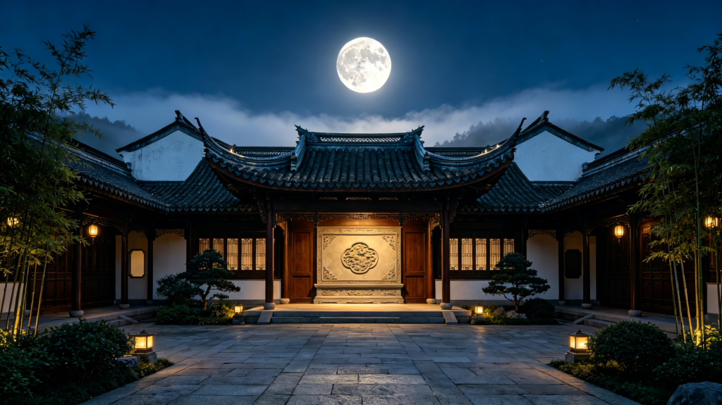 中秋满月古镇夜景摄影图
