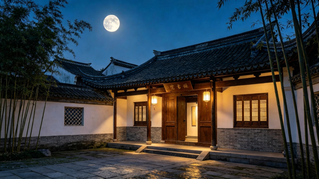 中秋满月古镇夜景摄影图