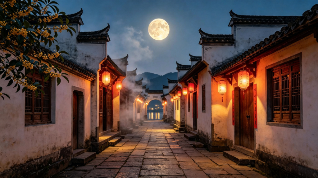 中秋满月古镇夜景摄影图
