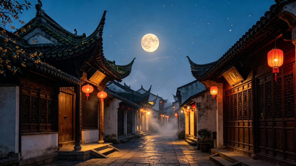 中秋满月古镇夜景摄影图