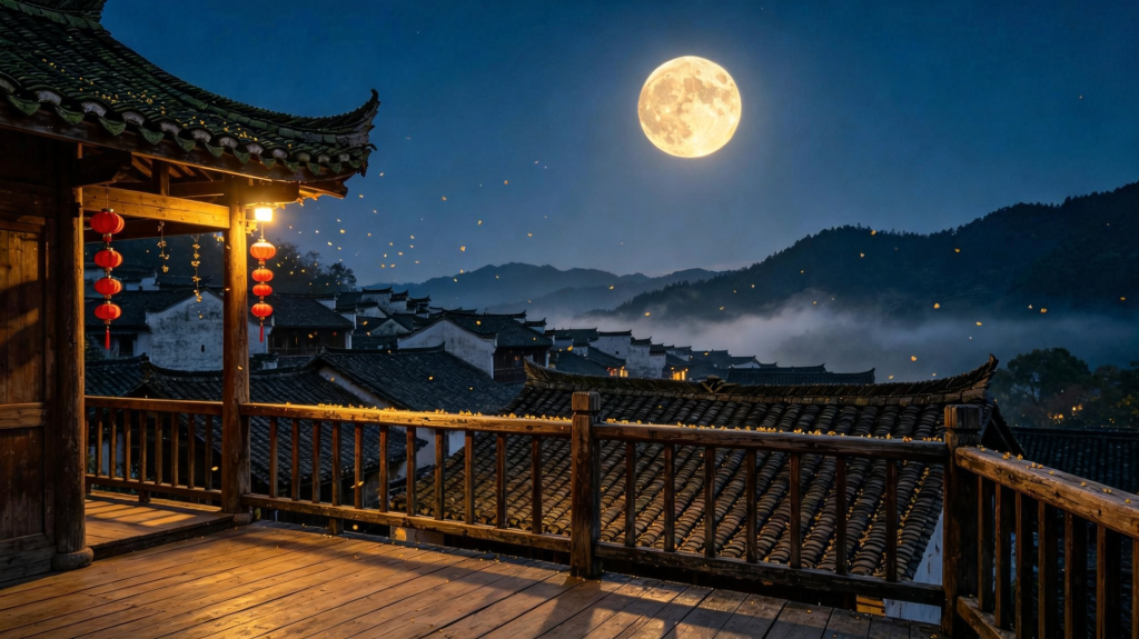 中秋满月古镇夜景摄影图
