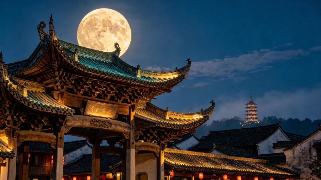 中秋满月古镇夜景摄影图