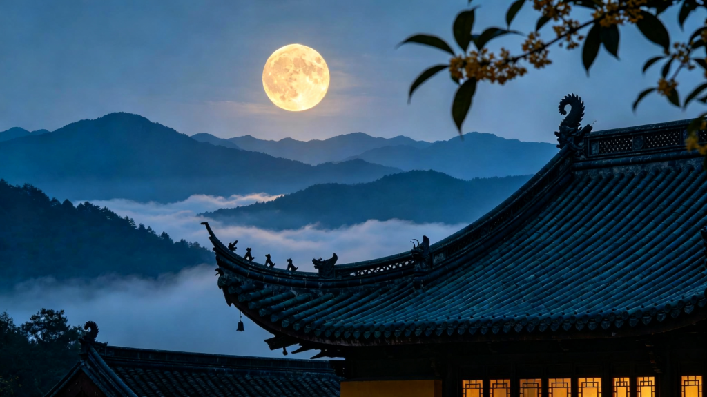 中秋满月古镇夜景摄影图
