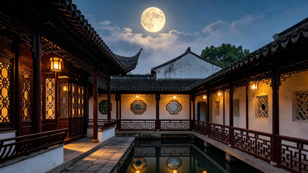 中秋满月庭院夜景摄影图