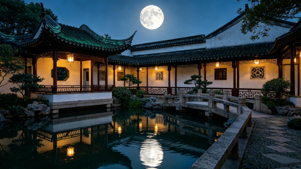中秋满月庭院夜景摄影图