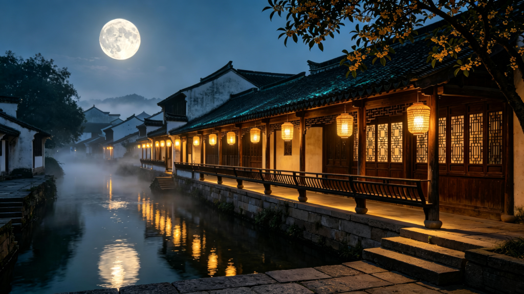 中秋满月庭院夜景摄影图