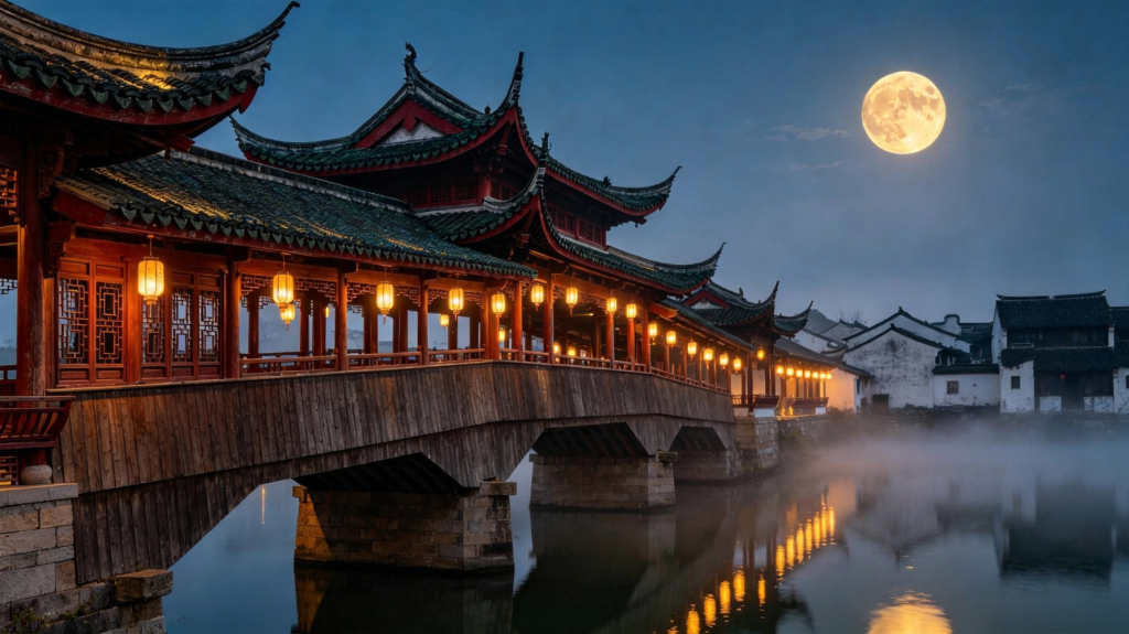 中秋满月风雨桥庭院夜景摄影图