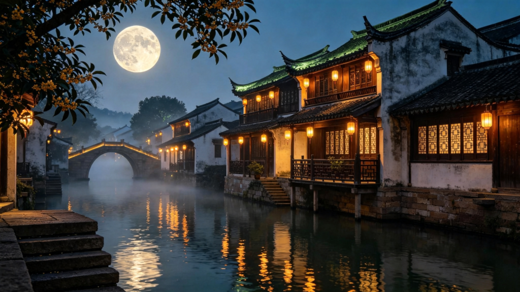 中秋满月江南水乡夜景摄影图