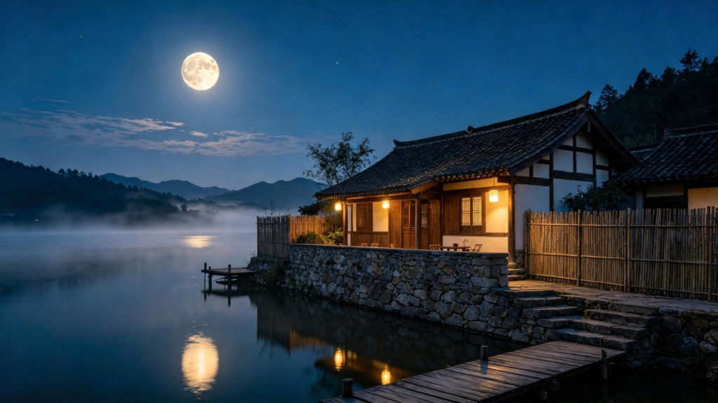 中秋满月庭院夜景摄影图