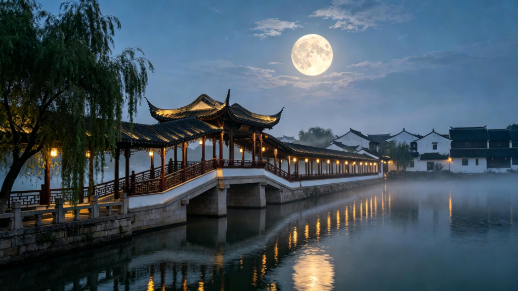 中秋满月江南水乡夜景摄影图