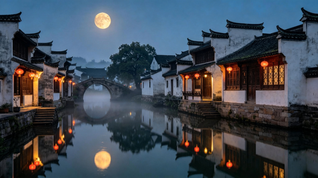中秋满月江南水乡夜景摄影图