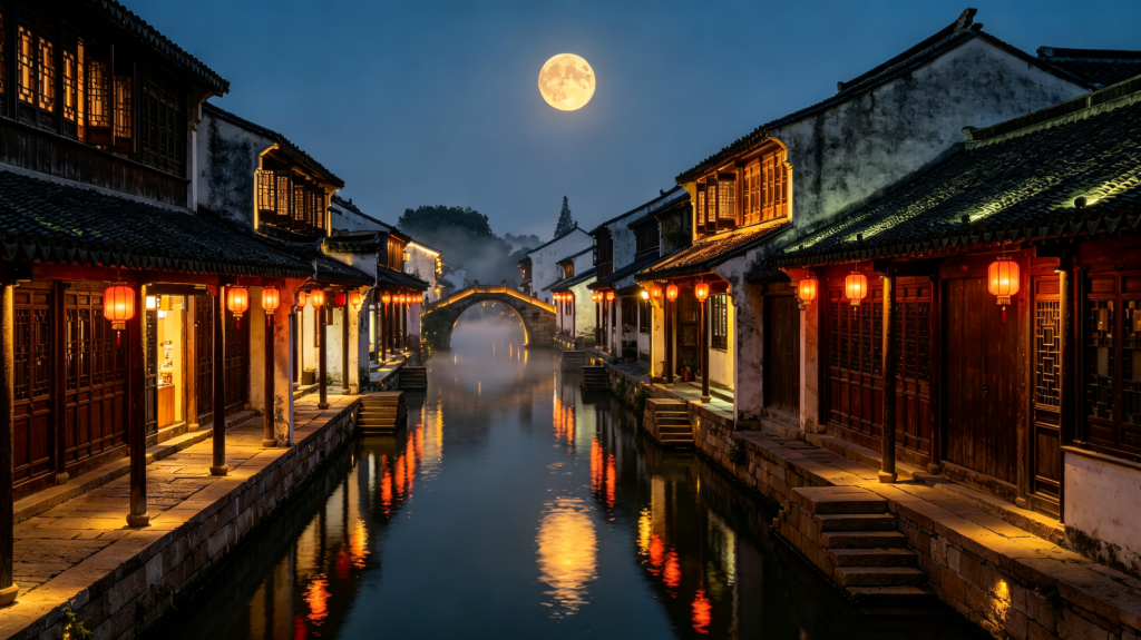 中秋满月江南水乡夜景摄影图