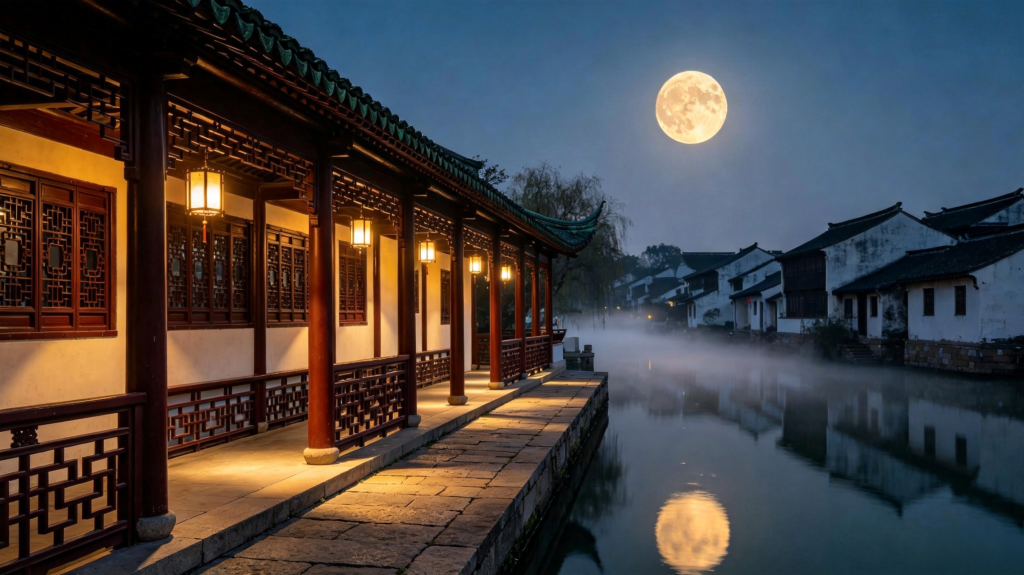 中秋满月江南水乡夜景摄影图