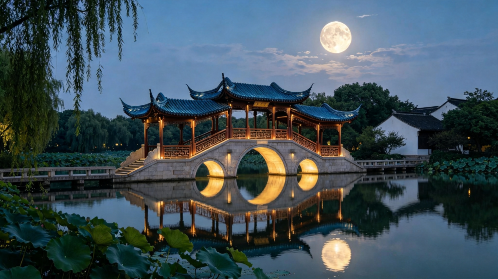 中秋满月庭院夜景摄影图
