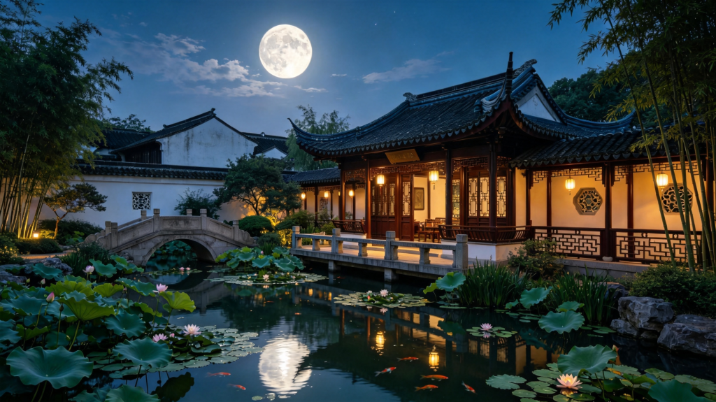 中秋满月庭院夜景摄影图