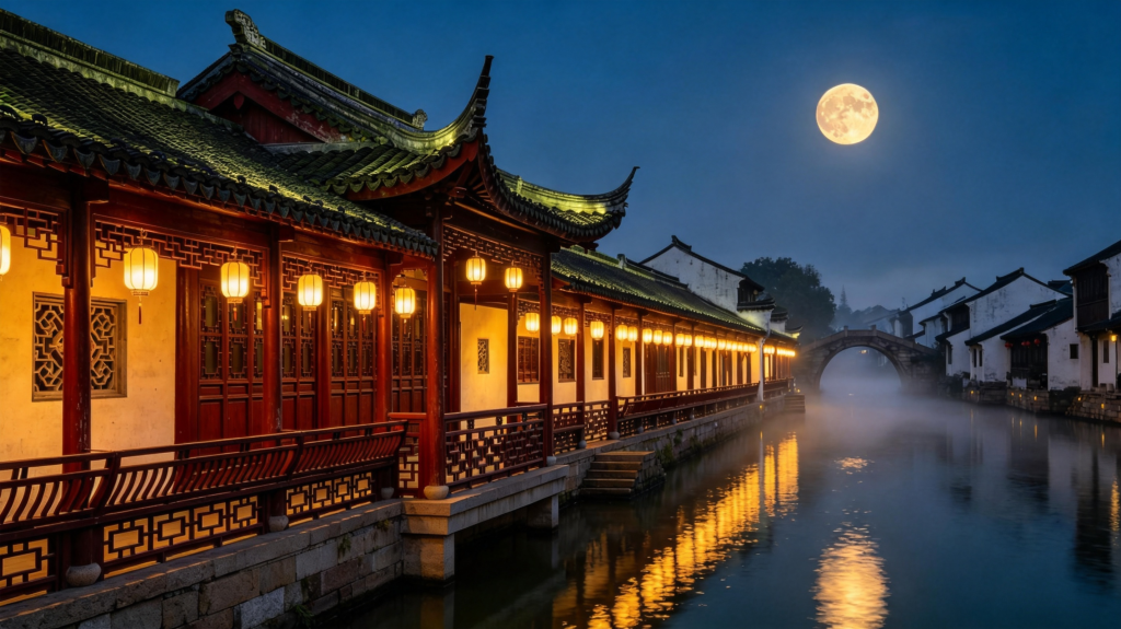 中秋满月庭院夜景摄影图