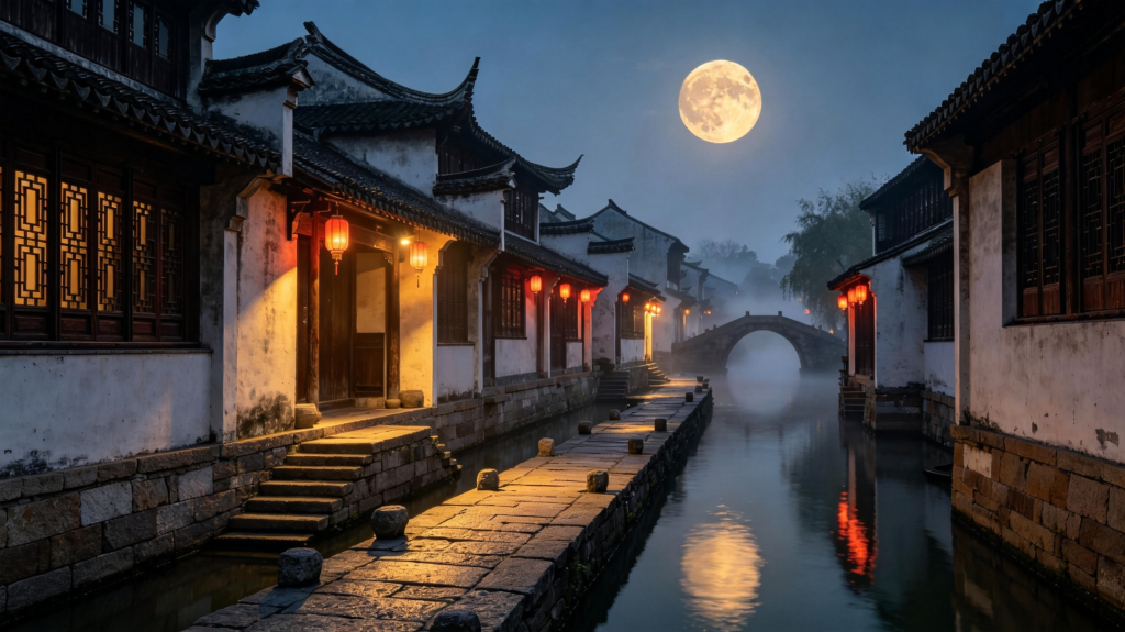 中秋满月江南水乡夜景摄影图