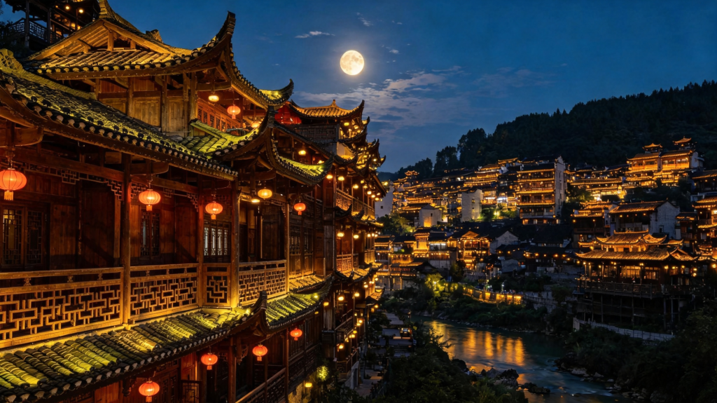 中秋满月庭院夜景摄影图