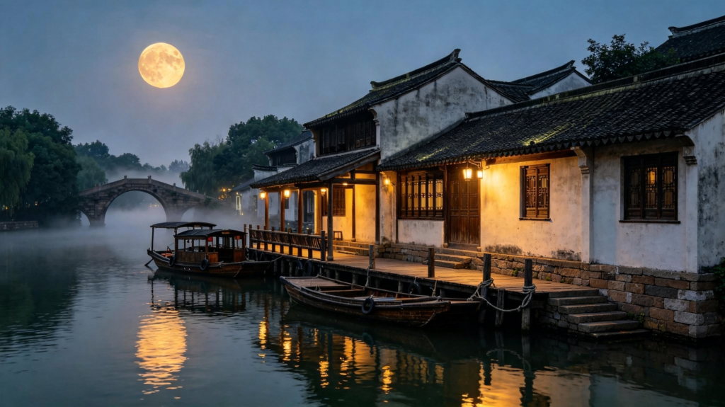 中秋满月江南水乡夜景摄影图
