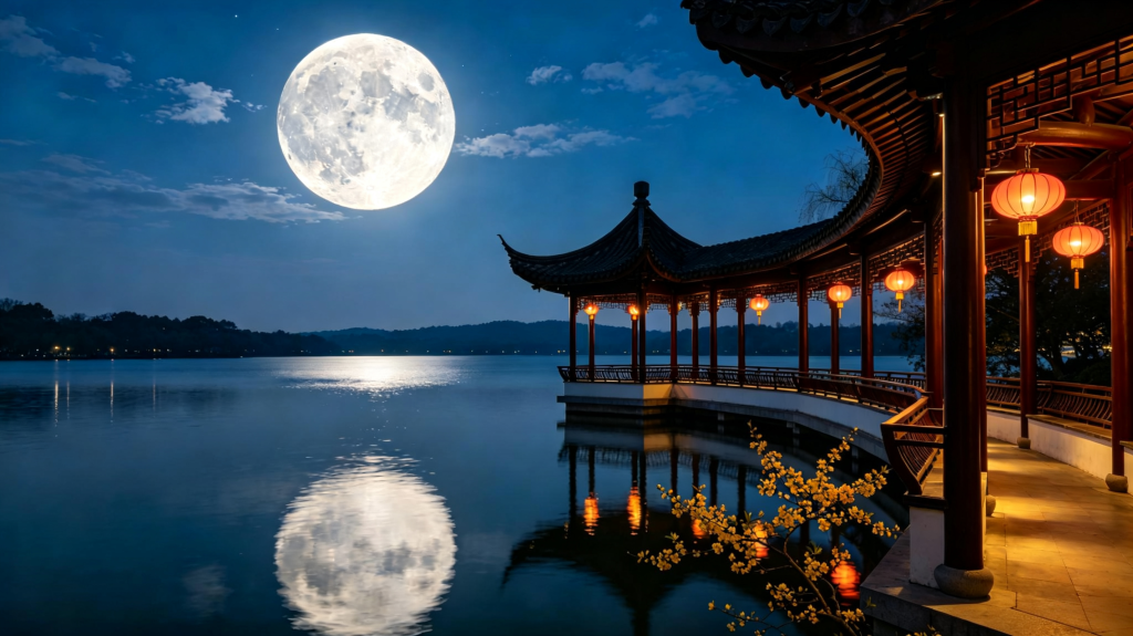 中秋满月江南夜景摄影图