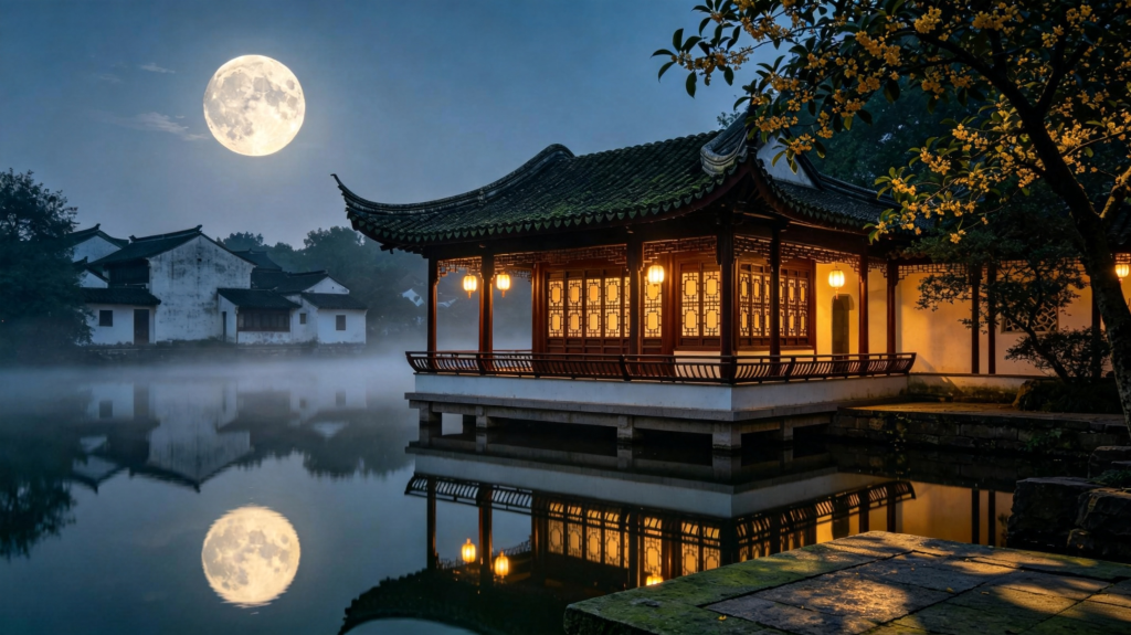 中秋满月江南夜景摄影图