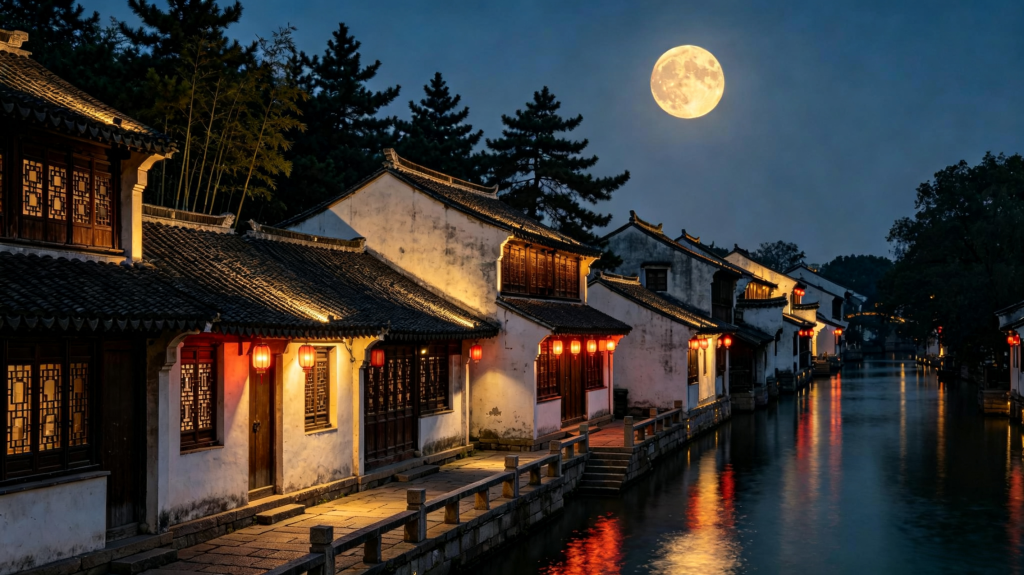 中秋满月江南夜景摄影图