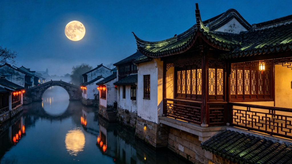 中秋满月江南夜景摄影图
