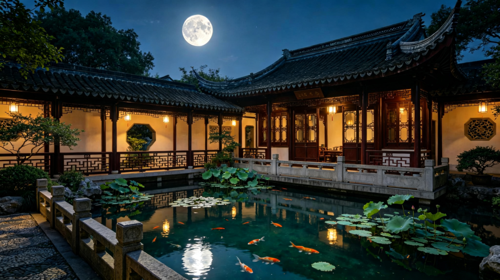 中秋满月江南夜景摄影图
