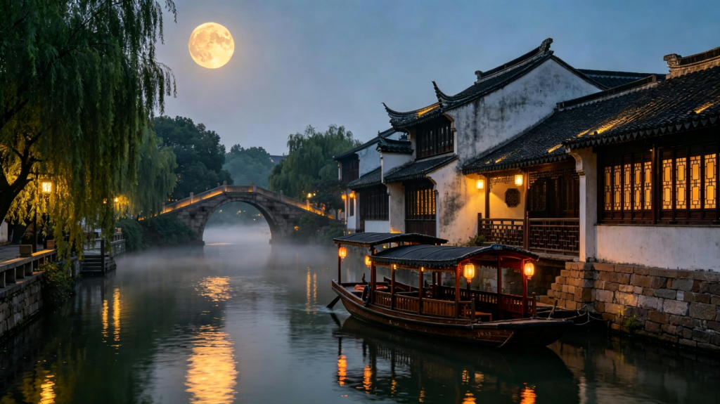 中秋满月江南夜景摄影图