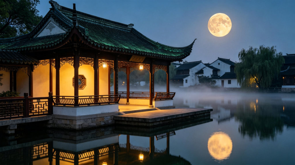 中秋满月江南夜景摄影图