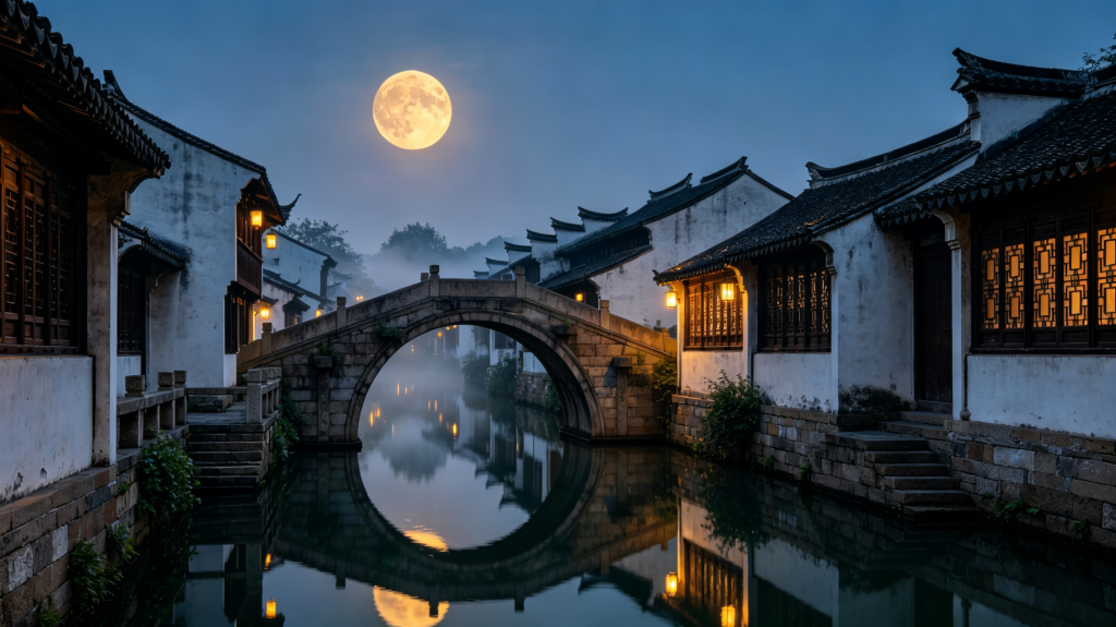 中秋满月江南夜景摄影图
